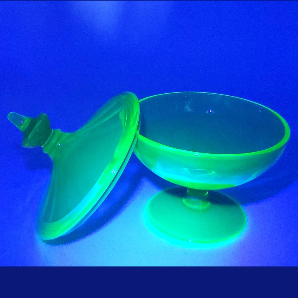 Uraniumware glass candy dish with lid